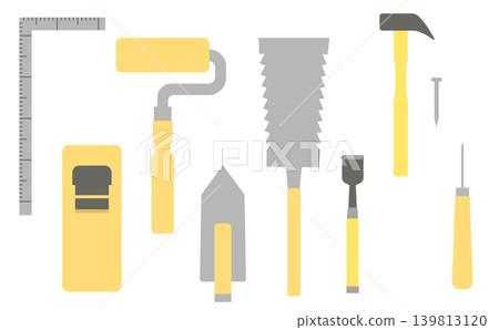 一套木工工具插圖(鋸子、鐵鎚、刨刀、尺等) 一套木工工具插圖(鋸子、鐵鎚、刨刀、尺等) 139813120
