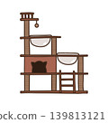 Hand drawing sketch of a cat tree designed for pet climbing activity, featuring platforms, scratching posts, and clear cat bowl 139813121