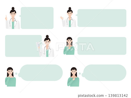 A set of vector illustrations featuring speech bubbles of a female patient and a female doctor. A set of vector illustrations featuring speech bubbles of a female patient and a female doctor. 139813142