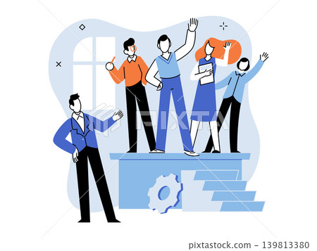 Diverse team standing on a platform with gear and stairs vector illustration. Teamwork, career growth, business success, leadership, corporate development, collaboration. Office workers on a stage Diverse team standing on a platform with gear and stairs vector illustration. Teamwork, career growth, business success, leadership, corporate development, collaboration. Office workers on a stage 139813380