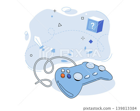 Blue gamepad with a cord and gaming icons vector illustration. Video games, entertainment, esports, digital hobby, virtual adventure, competition. Gaming controller with joystick and buttons Blue gamepad with a cord and gaming icons vector illustration. Video games, entertainment, esports, digital hobby, virtual adventure, competition. Gaming controller with joystick and buttons 139813384