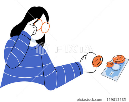 Woman with glasses holding a coin and looking at money vector illustration. Financial planning, personal budgeting, savings, economy, investment, accounting. Female character managing cash Woman with glasses holding a coin and looking at money vector illustration. Financial planning, personal budgeting, savings, economy, investment, accounting. Female character managing cash 139813385