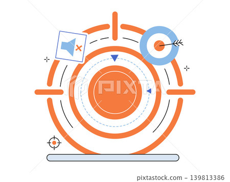 Target with mute icon and arrow hitting bullseye vector illustration. Marketing strategy, noise reduction, focus, goal achievement, precision, digital advertising. Bullseye with silent speaker 139813386