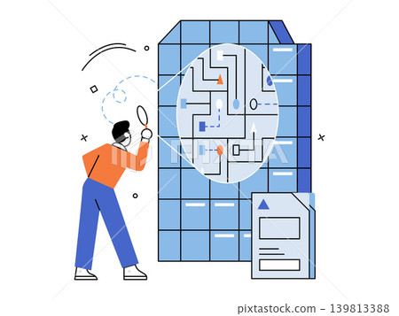 Man inspecting a SIM card with a magnifying glass vector illustration. Mobile technology, data security, hardware inspection, telecom, network, digital storage. Specialist examining a microchip 139813388