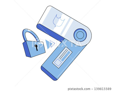 Hardware crypto wallet with padlock vector illustration. Cryptocurrency security, blockchain, digital protection, private keys, cyber safety, finance. Cold storage device with lock 139813389