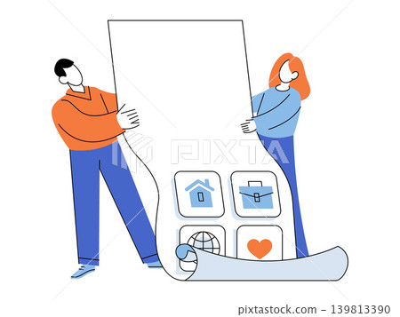 Man and woman holding a large paper scroll with icons vector illustration. Life planning, goal setting, work balance, project management, family, global. People displaying a long document Man and woman holding a large paper scroll with icons vector illustration. Life planning, goal setting, work balance, project management, family, global. People displaying a long document 139813390