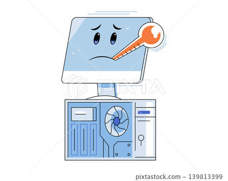 Sick computer monitor with a thermometer vector illustration. Technical support, malware infection, hardware repair, system failure, overheating, digital health. Ill display on a PC tower Sick computer monitor with a thermometer vector illustration. Technical support, malware infection, hardware repair, system failure, overheating, digital health. Ill display on a PC tower 139813399