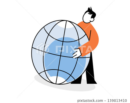 A man hugging a large globe vector illustration. Environmental protection, global sustainability, ecology awareness, world peace, climate action, earth day. Person embracing the planet A man hugging a large globe vector illustration. Environmental protection, global sustainability, ecology awareness, world peace, climate action, earth day. Person embracing the planet 139813410