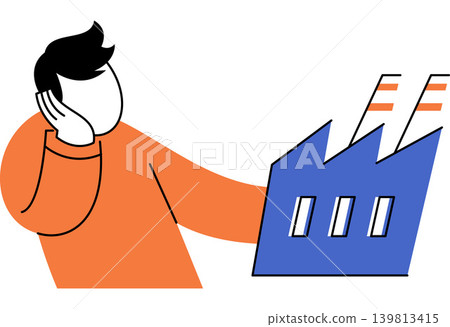 Man looking at a factory vector illustration. Industrial management, economic crisis, business planning, manufacturing future, production costs, environmental impact. Male worker observing plant Man looking at a factory vector illustration. Industrial management, economic crisis, business planning, manufacturing future, production costs, environmental impact. Male worker observing plant 139813415