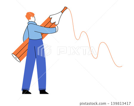 Man holding a giant pencil drawing a wavy line vector illustration. Creativity, graphic design, project planning, art, content creation, education. Male artist sketching with a large writing tool Man holding a giant pencil drawing a wavy line vector illustration. Creativity, graphic design, project planning, art, content creation, education. Male artist sketching with a large writing tool 139813417