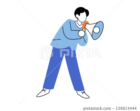 Man shouting into a megaphone vector illustration. Marketing strategy, public announcement, social protest, leadership, news alert, business promotion. Male person using a bullhorn 139813444