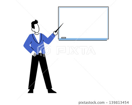 Man pointing at a blank whiteboard vector illustration. Business presentation, corporate training, education, marketing strategy, office meeting, project planning. Teacher gesturing to board 139813454