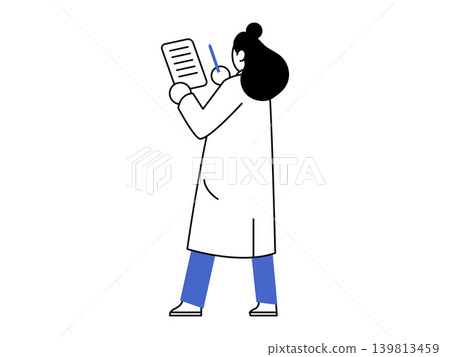 Female doctor writing on a clipboard vector illustration. Healthcare services, medical research, clinical trials, patient records, pharmacy work, scientific analysis. Scientist taking notes Female doctor writing on a clipboard vector illustration. Healthcare services, medical research, clinical trials, patient records, pharmacy work, scientific analysis. Scientist taking notes 139813459