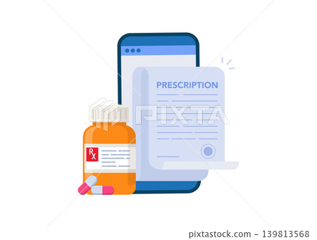 Online medical prescription with pills and smartphone stock illustration. Online medical prescription with pills and smartphone stock illustration. 139813568