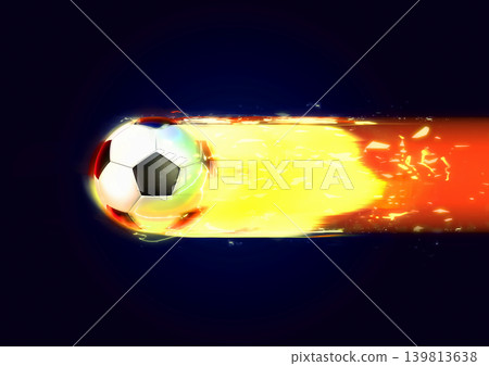 An energetic sports background featuring a soccer ball flying at high speed while emitting flames. An energetic sports background featuring a soccer ball flying at high speed while emitting flames. 139813638