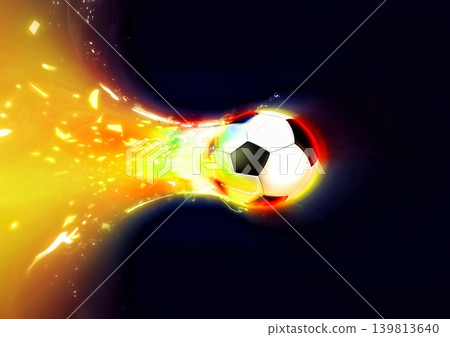 An energetic sports background featuring a soccer ball flying at high speed while emitting flames. 139813640