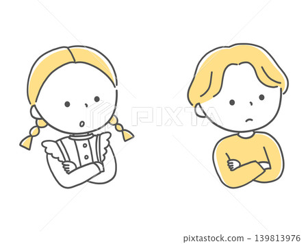 男孩和女孩雙手抱胸,沉思著,單色 男孩和女孩雙手抱胸,沉思著,單色 139813976