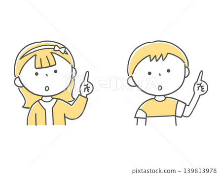 A boy and a girl pointing upwards and explaining (monochrome) 139813978