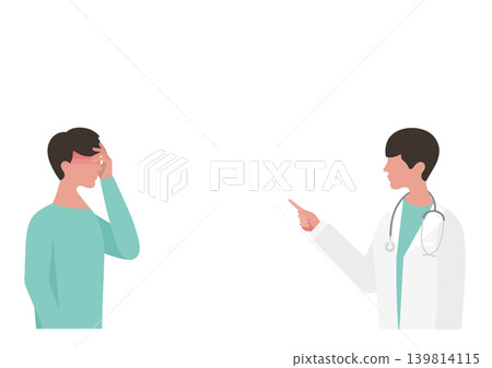 向量插圖,描繪了一名感冒發燒的男子,醫生正在指著他並進行解釋。 向量插圖,描繪了一名感冒發燒的男子,醫生正在指著他並進行解釋。 139814115