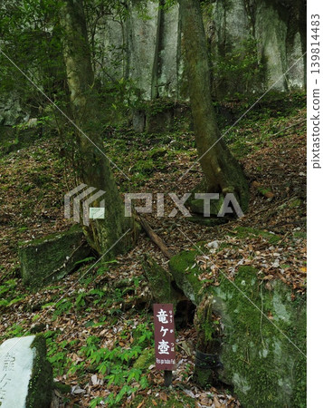 A mystical mountain path adorned with moss and fallen leaves. A signpost for Ryugatsubo stands in the secluded area of Nabari, Mie Prefecture. 139814483