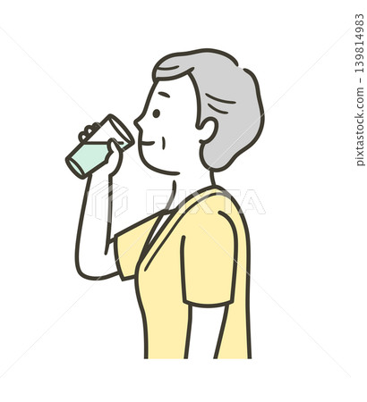 An illustration of the upper body of a senior woman drinking water from a glass. An illustration of the upper body of a senior woman drinking water from a glass. 139814983