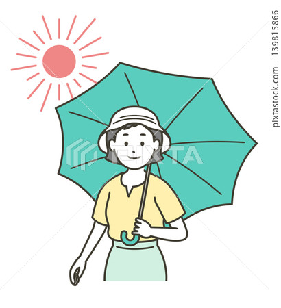 An illustration of the upper body of a young woman using a parasol to prevent heatstroke in the scorching sun. An illustration of the upper body of a young woman using a parasol to prevent heatstroke in the scorching sun. 139815866