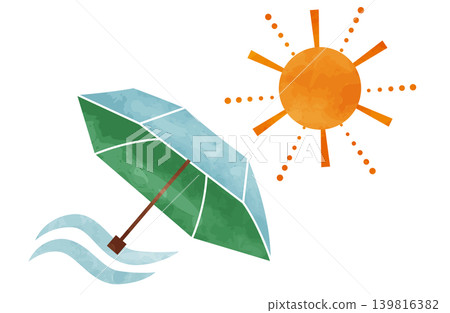 一幅描繪有人用陽傘遮擋夏日烈陽的插圖。 139816382
