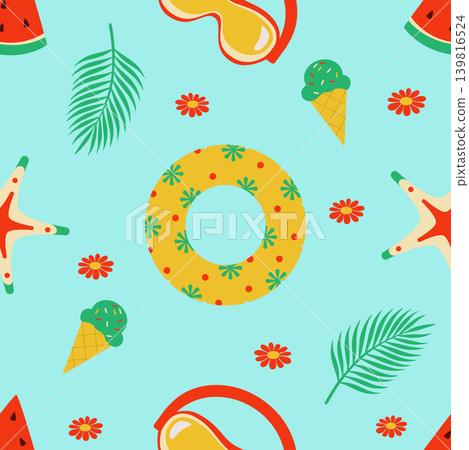 Summer Seamless Pattern with Tropical Beach Elements Flamingo Float and Ice Cream Summer Seamless Pattern with Tropical Beach Elements Flamingo Float and Ice Cream 139816524