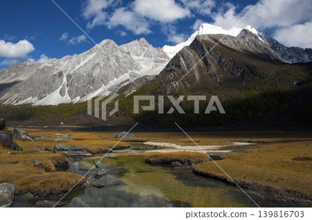 A landscape of a stream leading to the snow-covered mountains of Yading, Inacheng, and a grassland. A landscape of a stream leading to the snow-covered mountains of Yading, Inacheng, and a grassland. 139816703