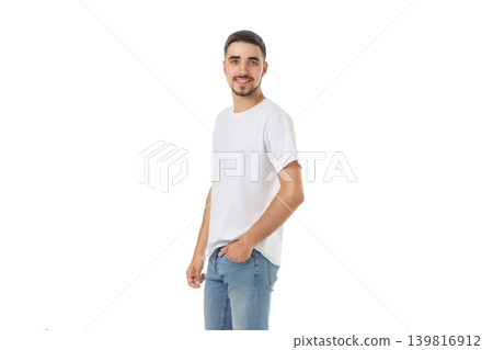 A man stands wearing a plain white t-shirt and jeans, PNG A man stands wearing a plain white t-shirt and jeans, PNG 139816912