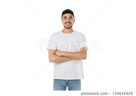 Smiling young man with crossed arms in a shirt, PNG 139816920