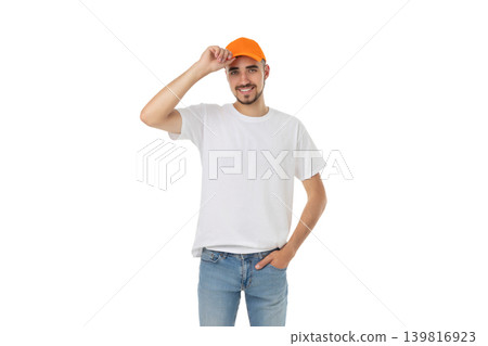 Man poses with a t-shirt and cap for a mockup, PNG Man poses with a t-shirt and cap for a mockup, PNG 139816923
