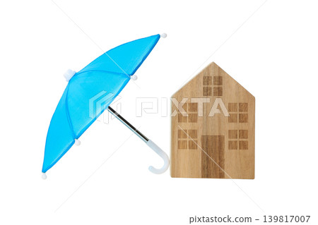 Blue umbrella near a wooden house symbolizes insurance, isolated, PNG Blue umbrella near a wooden house symbolizes insurance, isolated, PNG 139817007
