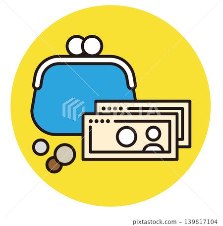 Icons of cash and a wallet. Illustrations of a coin purse, banknotes, and coins. 139817104