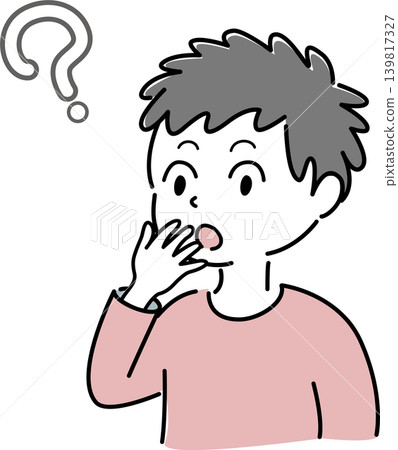 A simple illustration of a man with a surprised expression and a person with a question mark (question, realization, person, symbol). 139817327