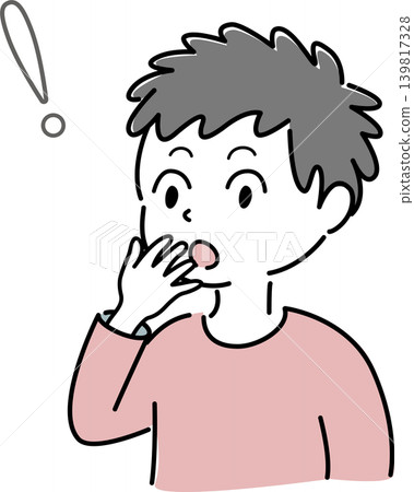 A simple illustration of a man with a surprised expression and an exclamation mark (discovery, realization, person). 139817328