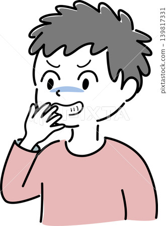An illustration of a smiling man with his hand over his mouth, plotting something wicked. 139817331