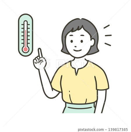 一位年輕女子用溫度計測量室溫的上半身插圖。 139817385
