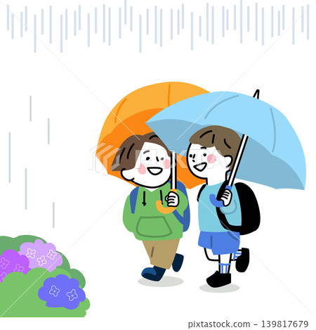 一幅向量插圖，描繪了幾個笑容燦爛的男孩在下雨天撐著傘聊天。 139817679