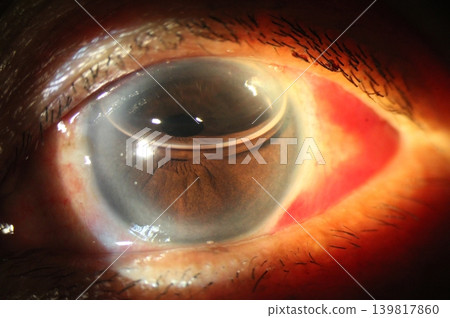 Clinical anterior segment image showing an intracameral gas bubble inside the anterior chamber. Clinical anterior segment image showing an intracameral gas bubble inside the anterior chamber. 139817860