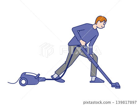 Pixel art illustration of a young man vacuuming his room. Pixel art illustration of a young man vacuuming his room. 139817897