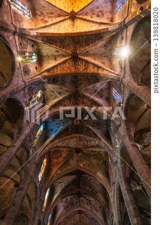 Cathedral Architecture Vaulted Ceiling of Palma Cathedral in Mallorca, Spain, Low Angle View Cathedral Architecture Vaulted Ceiling of Palma Cathedral in Mallorca, Spain, Low Angle View 139818020