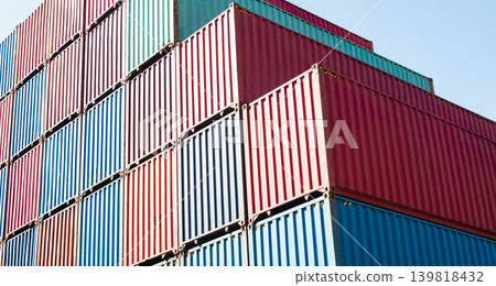 Container Export Logistic Crane Forklift Port Blue Sky Background Space Road Import Business Freight Logistic Transport Custom Industry Service Airplane Container Ship Truck Cargo Stack. Container Export Logistic Crane Forklift Port Blue Sky Background Space Road Import Business Freight Logistic Transport Custom Industry Service Airplane Container Ship Truck Cargo Stack. 139818432