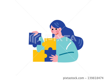 一位女商人正在拼拼圖的插圖。 一位女商人正在拼拼圖的插圖。 139818474