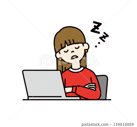 Vector illustration of the upper body of a young woman, university student, or high school student dozing off in front of a computer. Vector illustration of the upper body of a young woman, university student, or high school student dozing off in front of a computer. 139818889