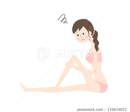 A woman in a bikini is sitting with an unconfident expression on her face. A woman in a bikini is sitting with an unconfident expression on her face. 139819072