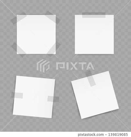 Realistic White Square Paper Notes Set. Vector Blank Sticky Memos with Adhesive Tape. Realistic White Square Paper Notes Set. Vector Blank Sticky Memos with Adhesive Tape. 139819085
