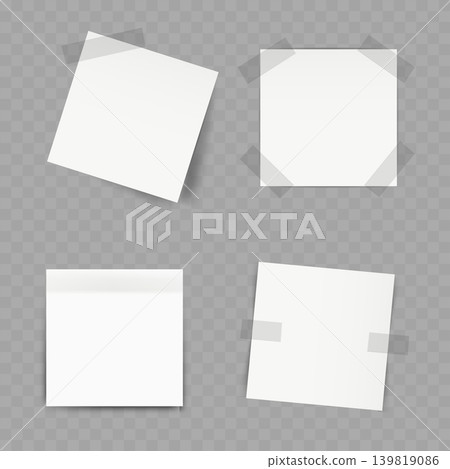 Realistic White Square Paper Notes Set. Vector Blank Sticky Memos with Adhesive Tape. Realistic White Square Paper Notes Set. Vector Blank Sticky Memos with Adhesive Tape. 139819086