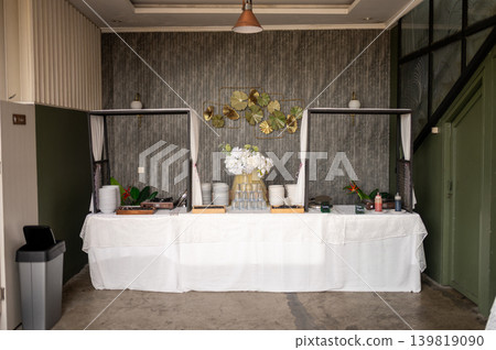 Decorative wedding buffet table with food and drink display arrangement Decorative wedding buffet table with food and drink display arrangement 139819090