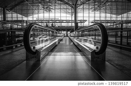 Modern airport moving walkway in black and white, leading to a bright terminal Modern airport moving walkway in black and white, leading to a bright terminal 139819517